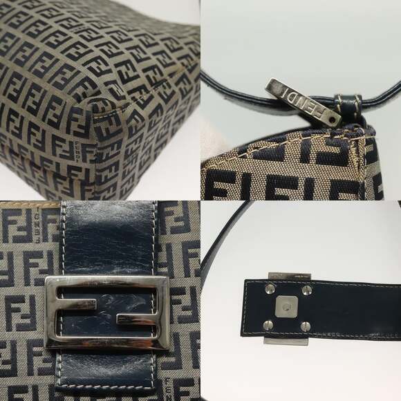 FENDI Zucchino Canvas Mamma Baguette Shoulder Bag Navy Silver - Picture 11 of 14
